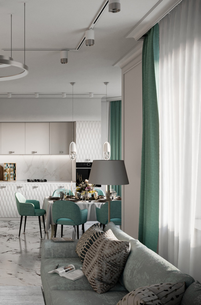 Мятная неоклассика. Кухня-гостиная в загородном доме.