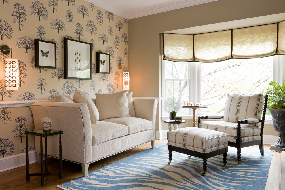Example of a transitional dark wood floor family room design in DC Metro with beige walls