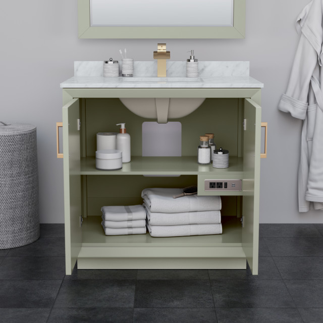 Strada 36" Green Single Vanity, Marble Top, Sink, Bronze Trim, 34" Mirror - Transitional ...