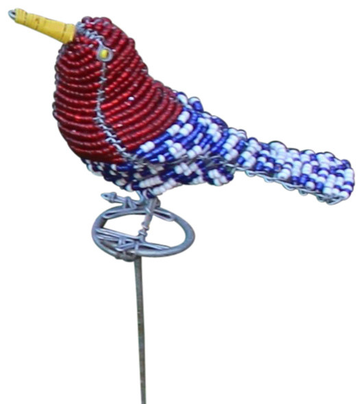 Beaded Colorful Bird Garden Stake Outdoor Decor Sculpture Hummingbird Red Blue