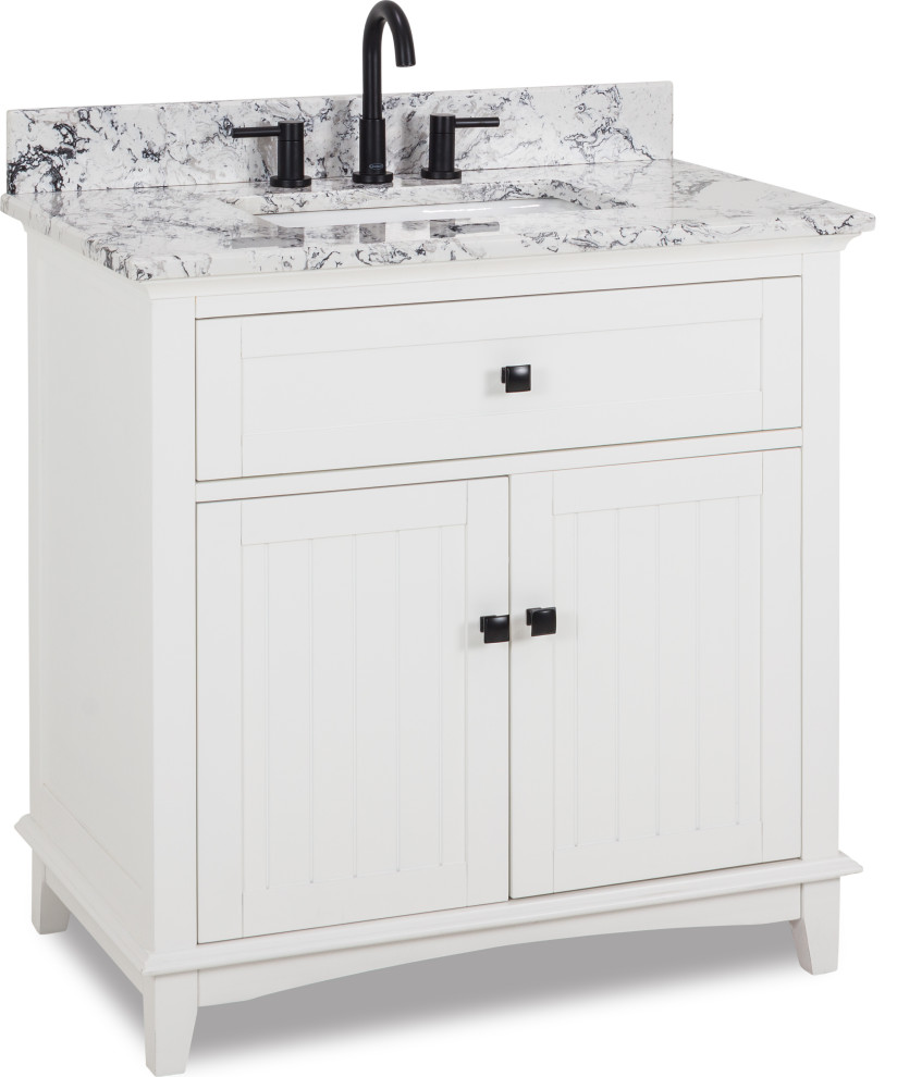 36" White Vanity, Matte Black Hardware, White, Black Engineered Marble ...