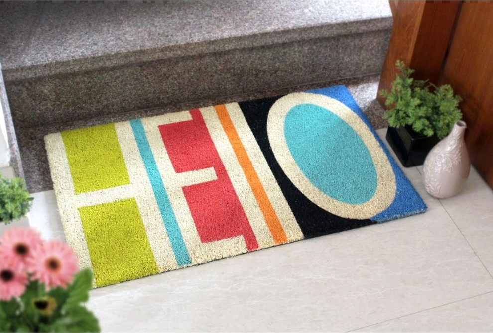 OffWhite Machine Tufted Hello Abstract Coir Doormat, 18"x30", 18"x30