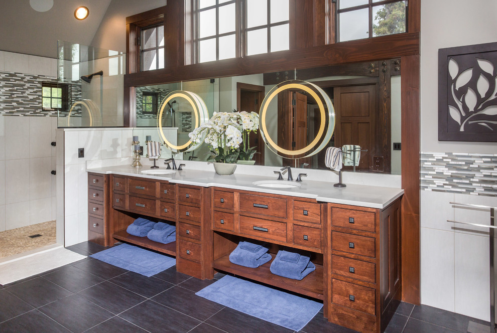 Photo of a large country master bathroom in Other with medium wood cabinets, white tile, multi-coloured tile, white walls, ceramic floors, an undermount sink, granite benchtops, grey floor, an open shower, matchstick tile and beaded inset cabinets.