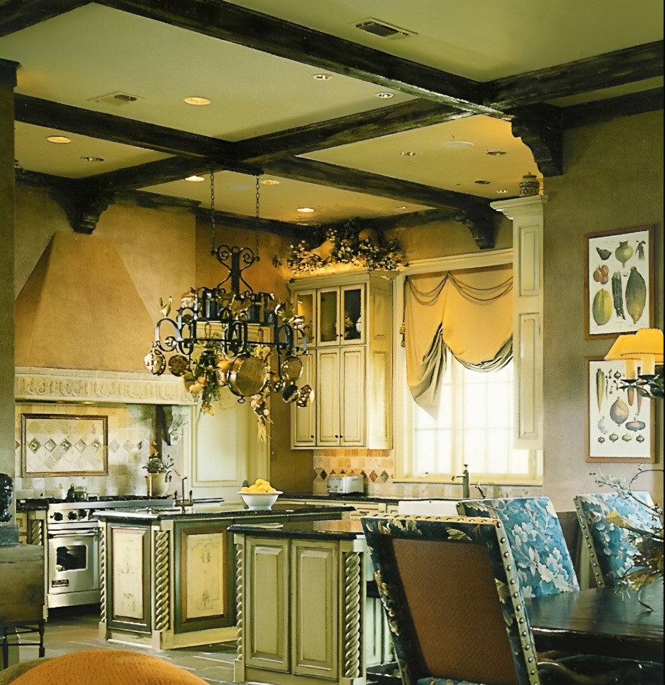 Inspiration for a large mediterranean u-shaped eat-in kitchen in Other with a farmhouse sink, distressed cabinets, granite benchtops, multi-coloured splashback, stone tile splashback, stainless steel appliances, slate floors, with island, multi-coloured floor, green benchtop and exposed beam.