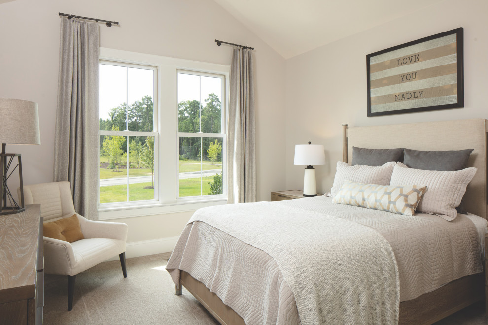 Diseño de habitación de invitados abovedada de estilo de casa de campo grande con paredes grises, moqueta y suelo beige