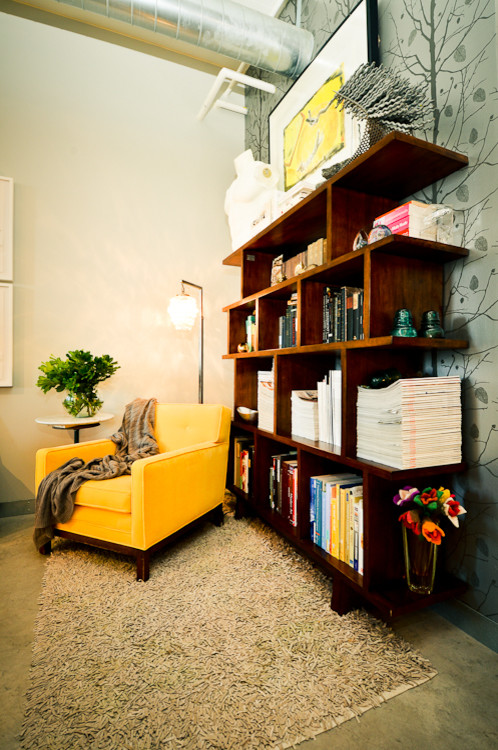 Study room - mid-sized contemporary freestanding desk concrete floor study room idea in Other with no fireplace