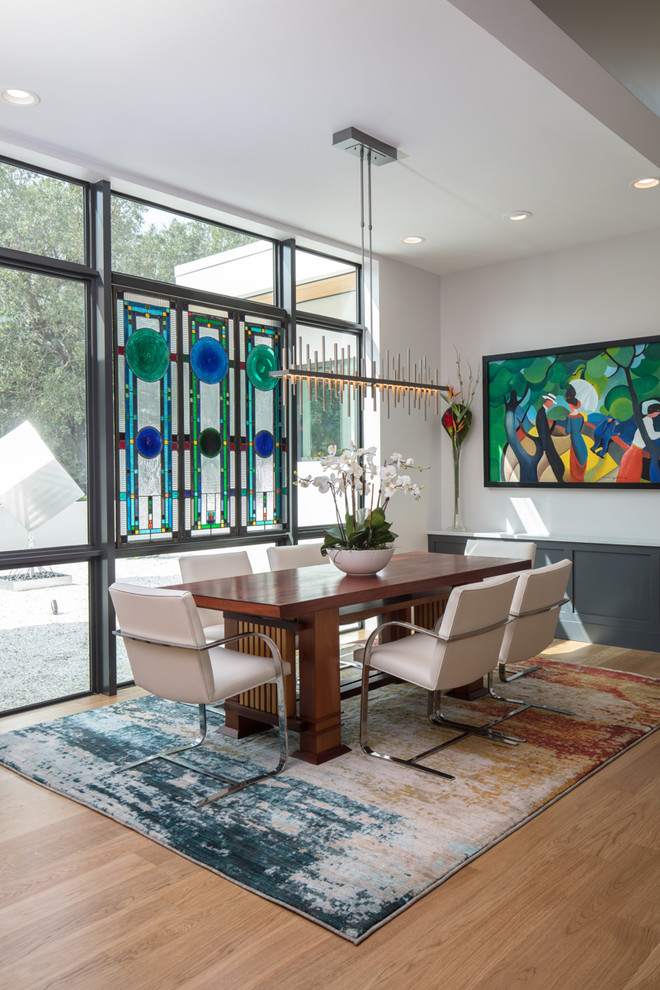 This is an example of a mid-sized contemporary open plan dining in Tampa with white walls, light hardwood floors, a ribbon fireplace, a tile fireplace surround and brown floor.