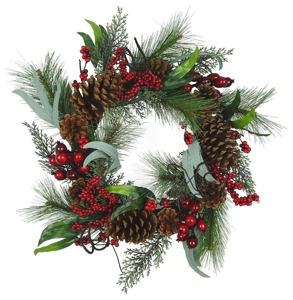 Kurt Adler Un-Lit Wreath with Red Berries, Leaves and Pinecones, 20 ...