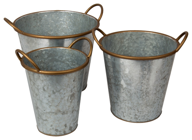 Galvanized Metal Buckets, 3-Piece Set, 10"x9.5", Industrial Silver