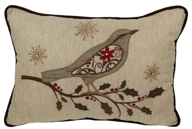 Bird On Twig Emboridery Pillow With Polyester Filled, 13x18