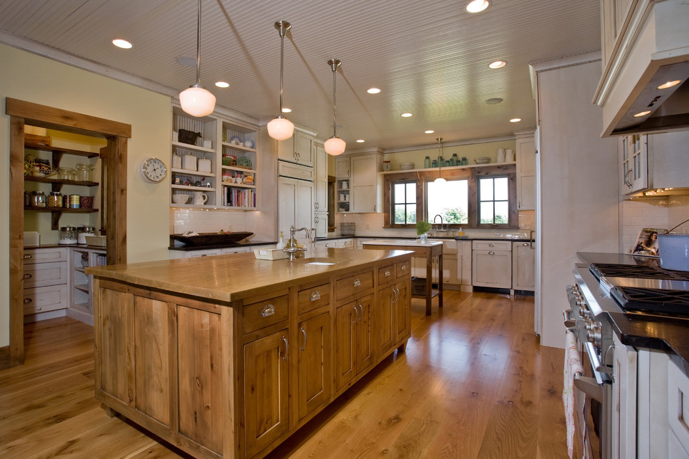 This is an example of a country kitchen in Minneapolis with panelled appliances.