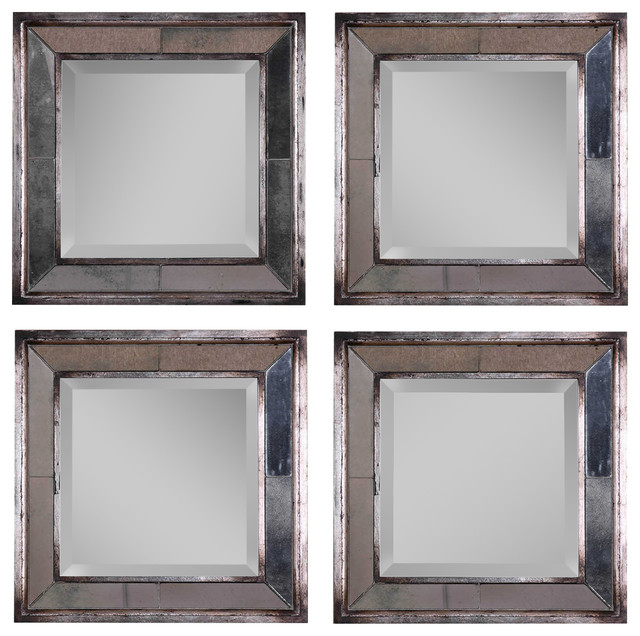 Davion Squares Mirrors, Antique Silver, Set of 4 Traditional Wall