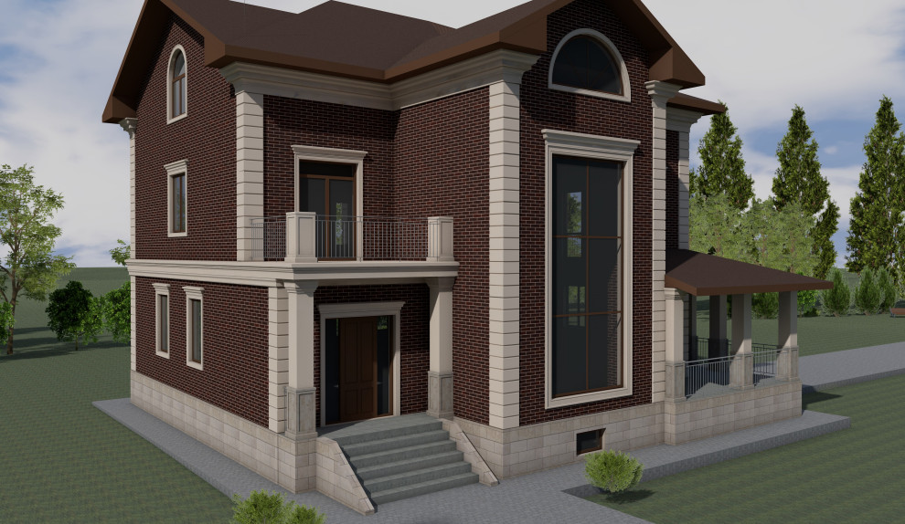 Фасады загородного дома и гаража в коттеджном поселке