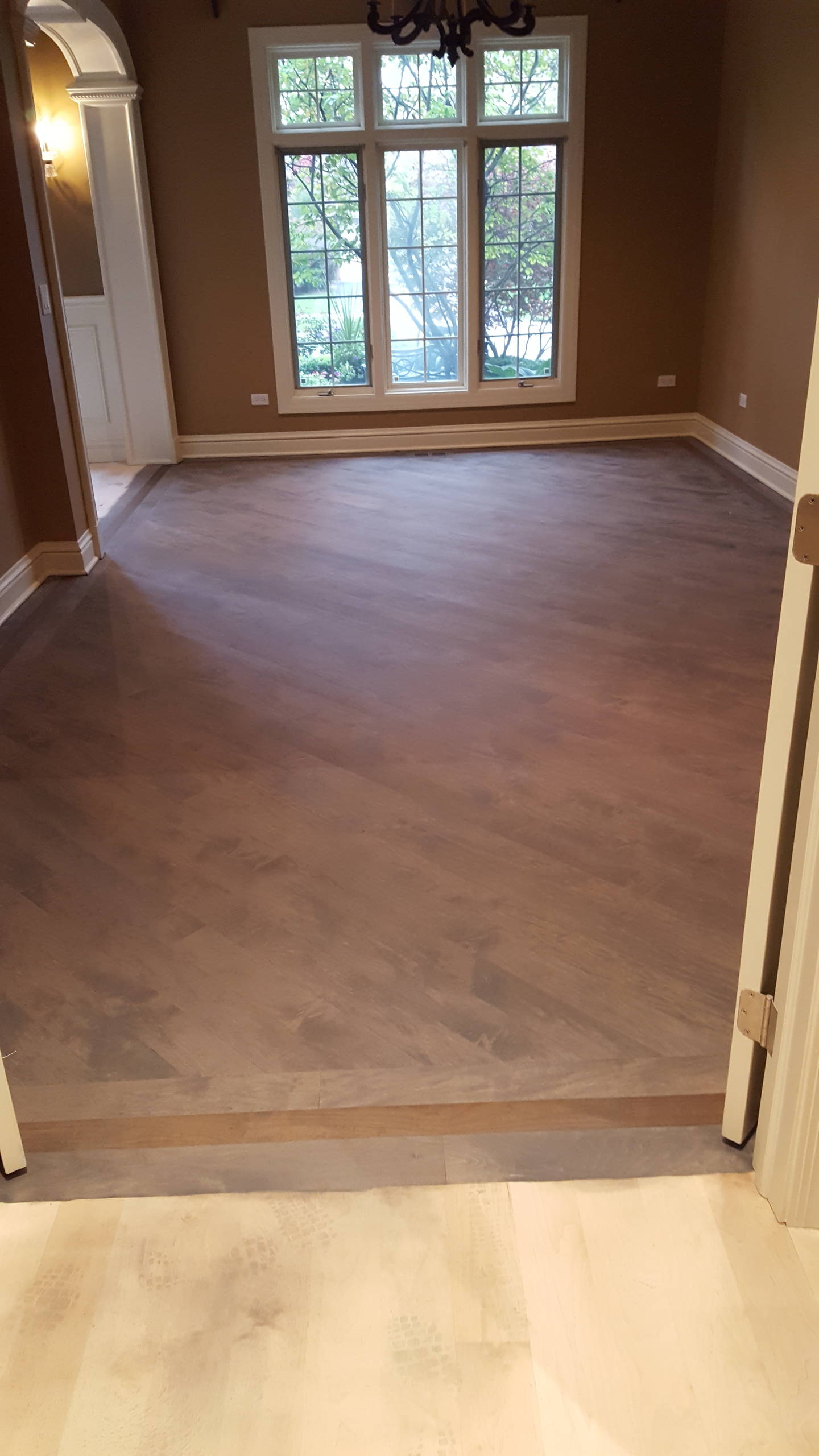 3 and 1/4 maple Classic Gray stain from Minwax , 4 coats satin water base finish