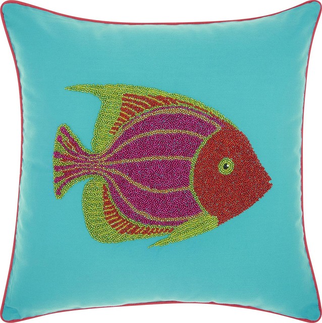 Mina Victory Beaded Fish Turquoise And Coral Outdoor Throw Pillow