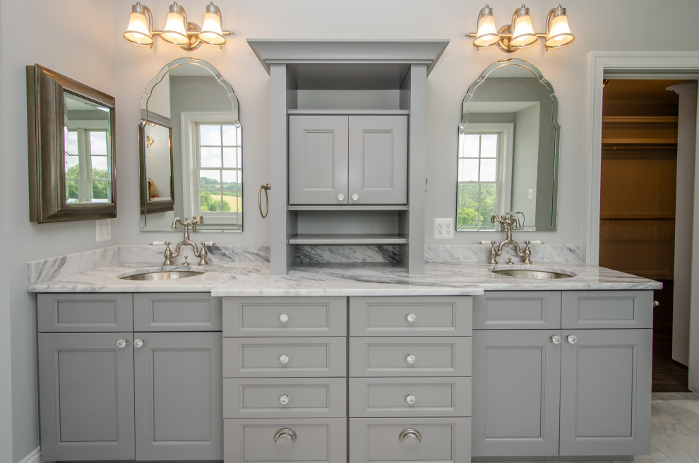 Design ideas for an expansive country master bathroom in DC Metro with recessed-panel cabinets, grey cabinets, grey walls, marble floors, an undermount sink, marble benchtops, grey floor, multi-coloured benchtops, a double vanity and a built-in vanity.