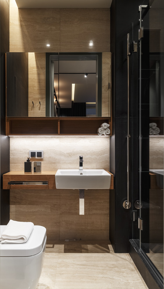 Small contemporary 3/4 bathroom in Moscow with flat-panel cabinets, medium wood cabinets, an alcove shower, slate, travertine floors, wood benchtops, beige floor, a hinged shower door and a drop-in sink.