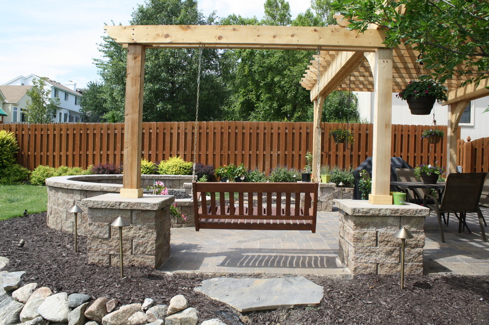 Paver Patio, Fire Pit, Double Seat Wall, Pergola w/ Swing & Landscape