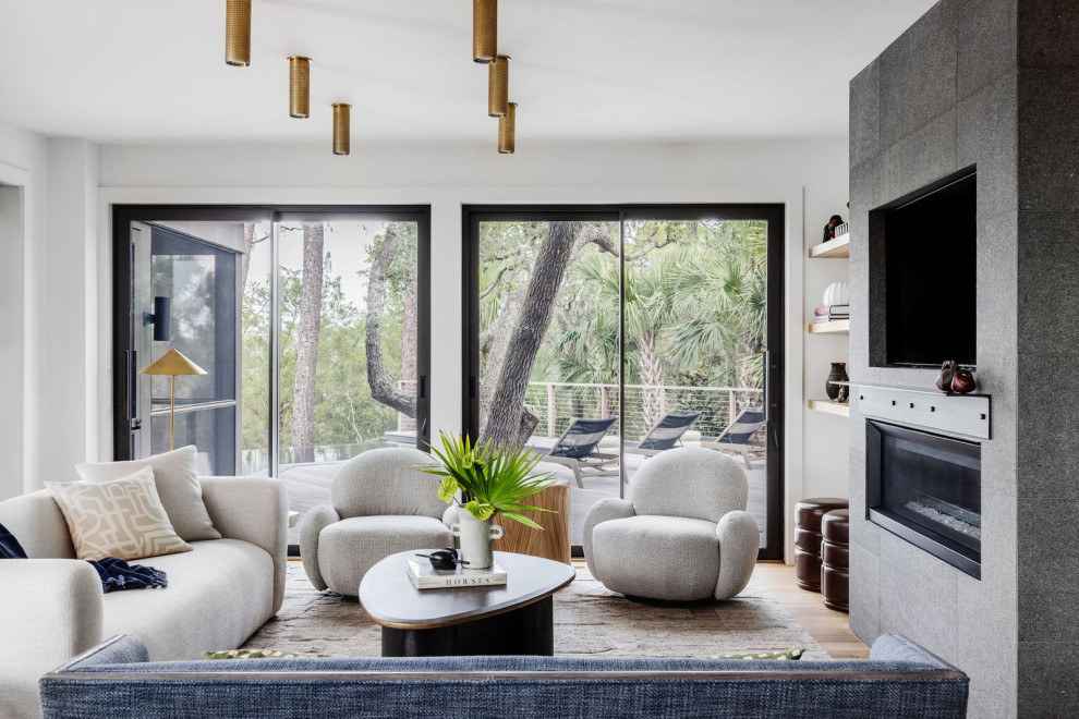 Example of a transitional living room design in Charlotte