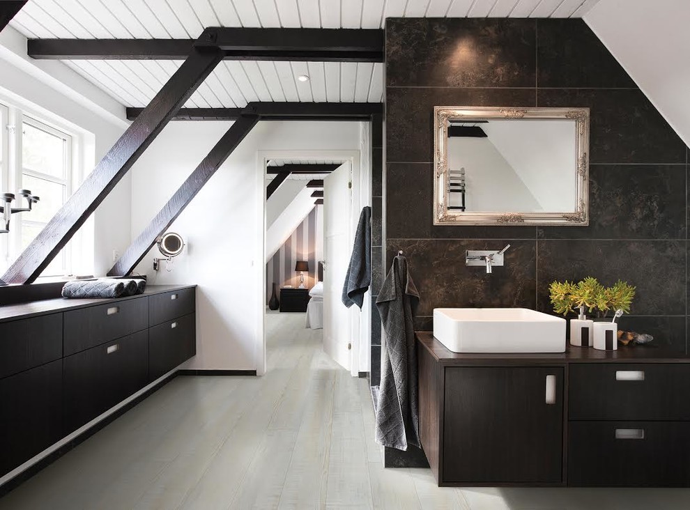 Mid-sized transitional master bathroom in Miami with flat-panel cabinets, dark wood cabinets, white walls, medium hardwood floors, a vessel sink and grey floor.