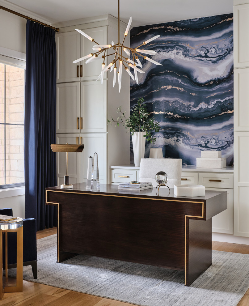 Study room - mid-sized transitional freestanding desk wallpaper, medium tone wood floor and brown floor study room idea in Denver with blue walls