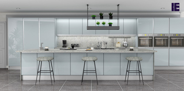 Handleless Kitchen in Light grey gloss LED Lights supplied by Inspired Elements contemporary-kitchen