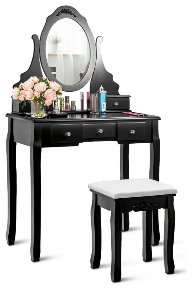 Costway Vanity Jewelry Wooden Makeup Dressing Table Set W/Stool Mirror Black