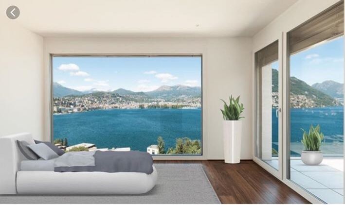 dormitorio con vistas a mediterraneo спальня с видом на залив средиземного моря