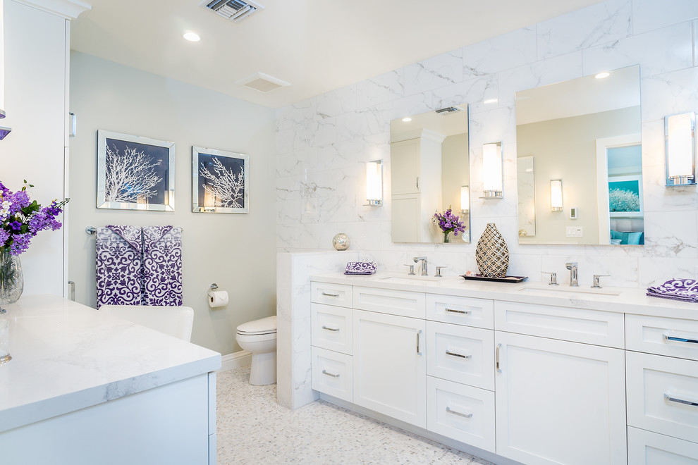 Photo of a large transitional master bathroom in Los Angeles with shaker cabinets, white cabinets, a curbless shower, white tile, mosaic tile, grey walls, mosaic tile floors, an undermount sink and engineered quartz benchtops.