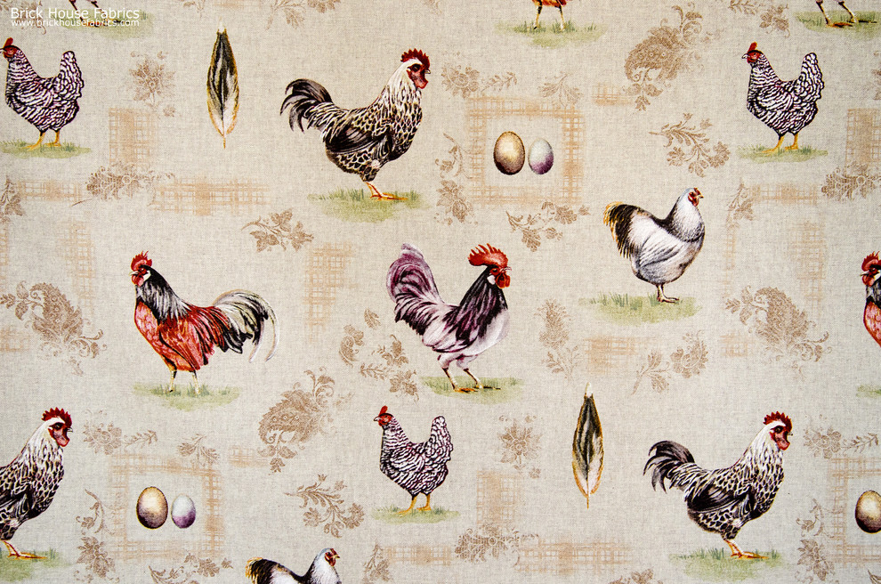 Chicken rooster fabric gold tan plaid paisley French