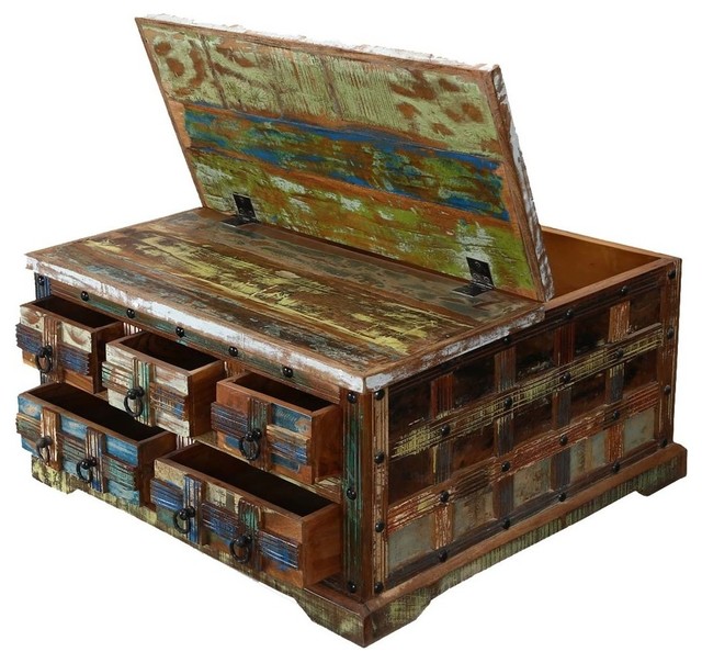 Rustic Plaid Reclaimed Wood 36" 5-Drawer Coffee Table Chest