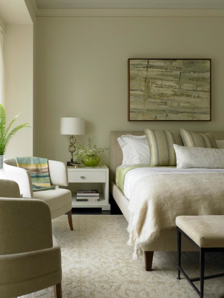 Example of a mid-sized transitional master dark wood floor bedroom design in Chicago with beige walls and no fireplace