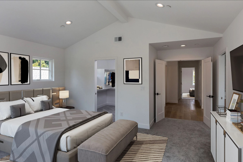 Imagen de dormitorio principal campestre de tamaño medio con paredes blancas, moqueta y suelo gris