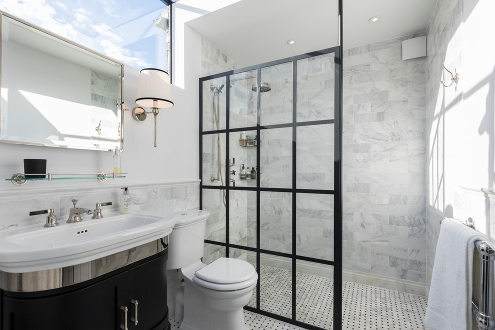 Traditional shower room bathroom in London with black cabinets, an alcove shower, a two-piece toilet, grey tiles, white walls, a console sink, an open shower and flat-panel cabinets.