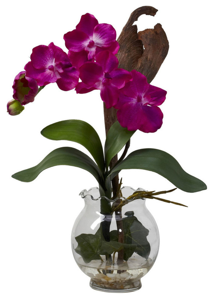 Mini Vanda With Fluted Vase Silk Flower Arrangement, Beauty
