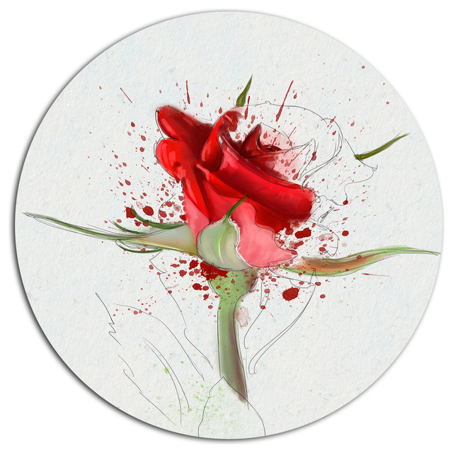 Bright Hand Drawn Red Rose Sketch Floral Round Metal Wall Art Contemporary Metal Wall Art By Designart