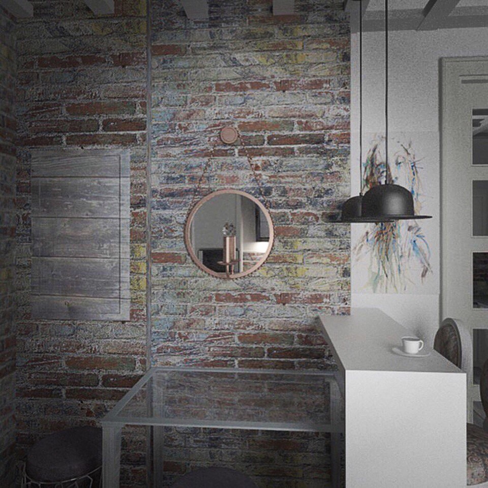 Организация кухни с уютным местом для чаепития, в проходном, узком помещении.