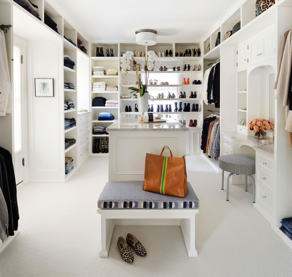Large elegant carpeted and white floor walk-in closet photo in Minneapolis
