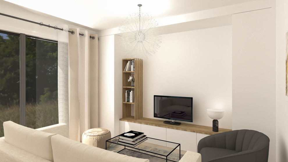 Свежая идея для дизайна: открытая гостиная комната среднего размера, в белых тонах с отделкой деревом в современном стиле с белыми стенами, полом из керамической плитки, отдельно стоящим телевизором и бежевым полом без камина - отличное фото интерьера