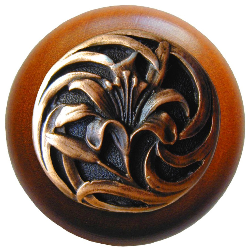 Tiger Lily Wood Knob, Antique Brass, Cherry Wood Finish, Antique Copper