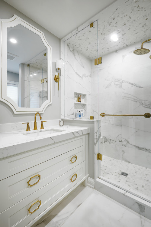 Timeless Luxury: Modern and Stylish Bathroom with Marble Floors for White Bathroom with Gold Fixtures