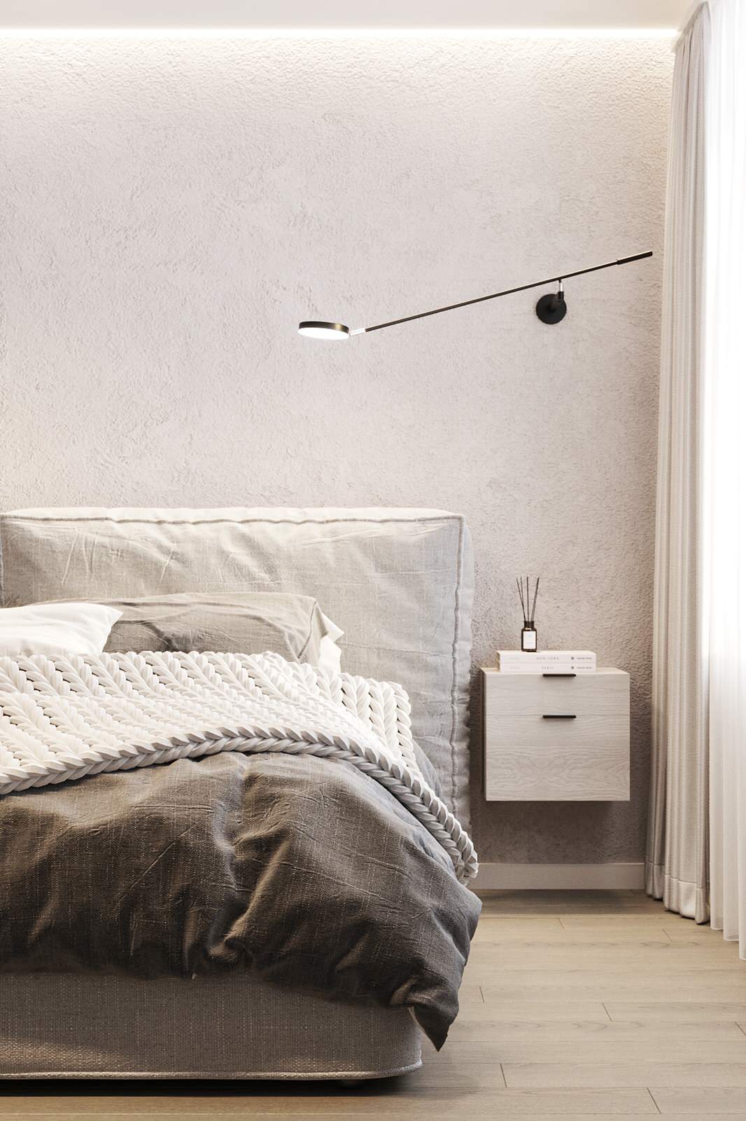 Белые интерьеры спальни и ванной комнаты