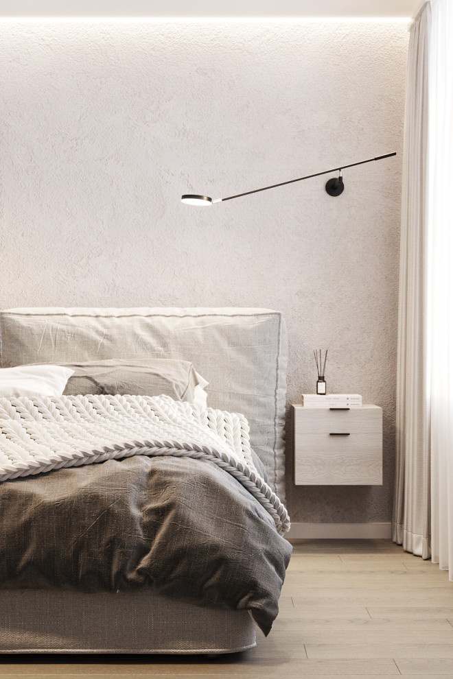 Белые интерьеры спальни и ванной комнаты