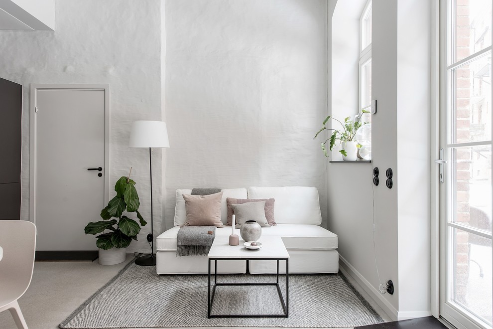 Small scandinavian open concept living room in Gothenburg with white walls.