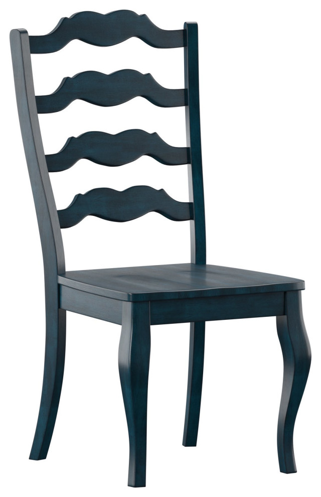 Set of 2 Dining Chair, Contoured Seat With Unique Ladder Backrest, Antique Denim