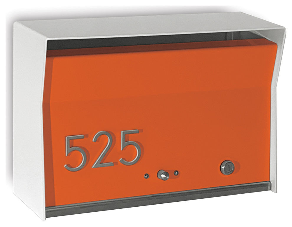 RetroBox Locking Modern Wall Mounted Mailbox, in Arctic White & Orange ...