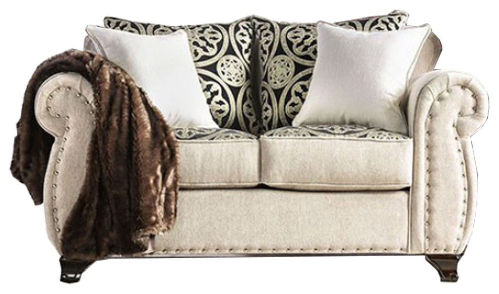 Fabric Upholstered Wooden Loveseat With Scrolled Arms, Champagne Silver