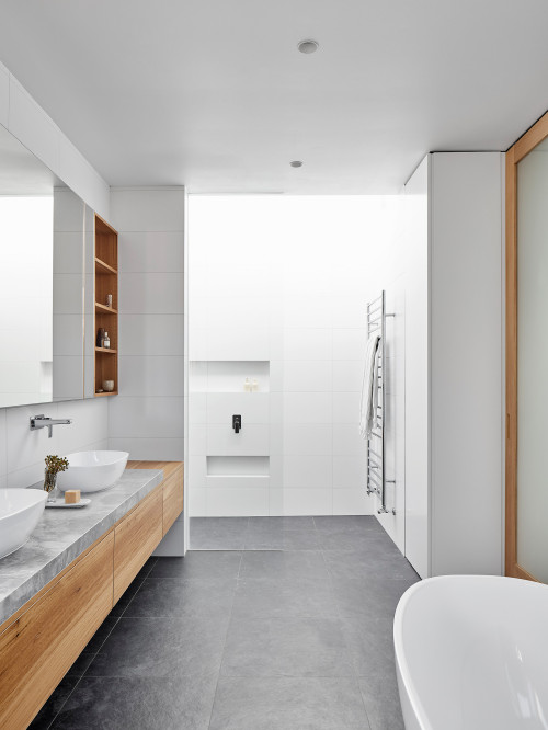 Contemporary Fusion: Wood Vanity and Concrete Countertop in Your Gray White Bathroom