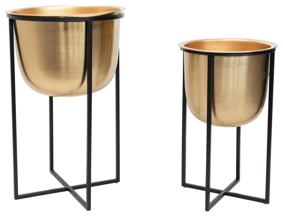 Metal Planters With Black Stands, Gold, 2Piece Set Contemporary