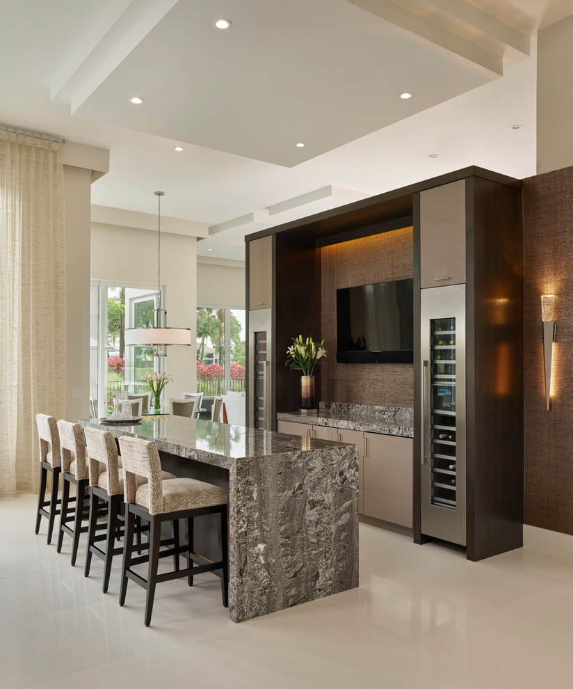 Design ideas for a contemporary home bar in Miami with flat-panel cabinets, brown cabinets, brown splashback, beige floor and multi-coloured benchtop.